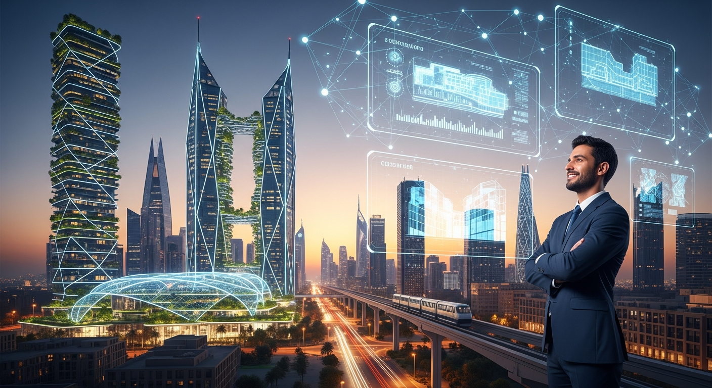 A visionary engineer surveys a futuristic Saudi smart city, symbolizing how Saudi Controls' leadership pioneers smart infrastructure and automation engineering.